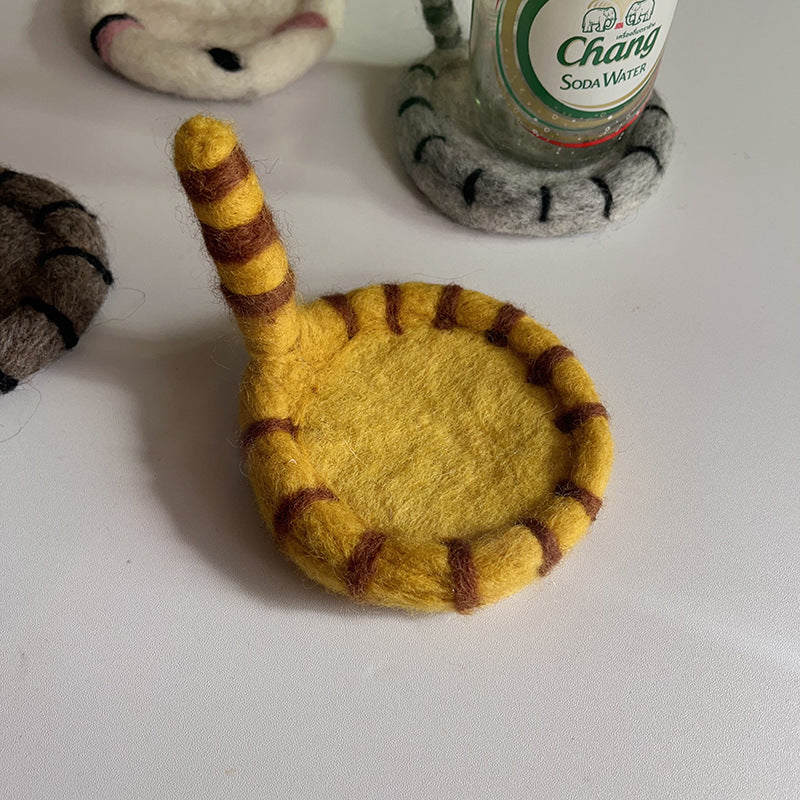 2 Pcs Brown Handmade Wool Felt Cat Coasters - Cute Tiger Design, Heat-Resistant Table Mats