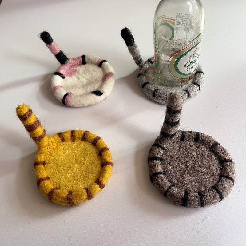 2 Pcs Brown Handmade Wool Felt Cat Coasters - Cute Tiger Design, Heat-Resistant Table Mats