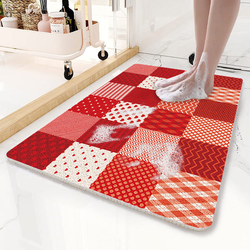 Red Checkered Pattern PVC Non-Slip Bath Mat 45x75cm - Shower Drain Hole Design, Soft & Quick-Dry Bathroom Rug