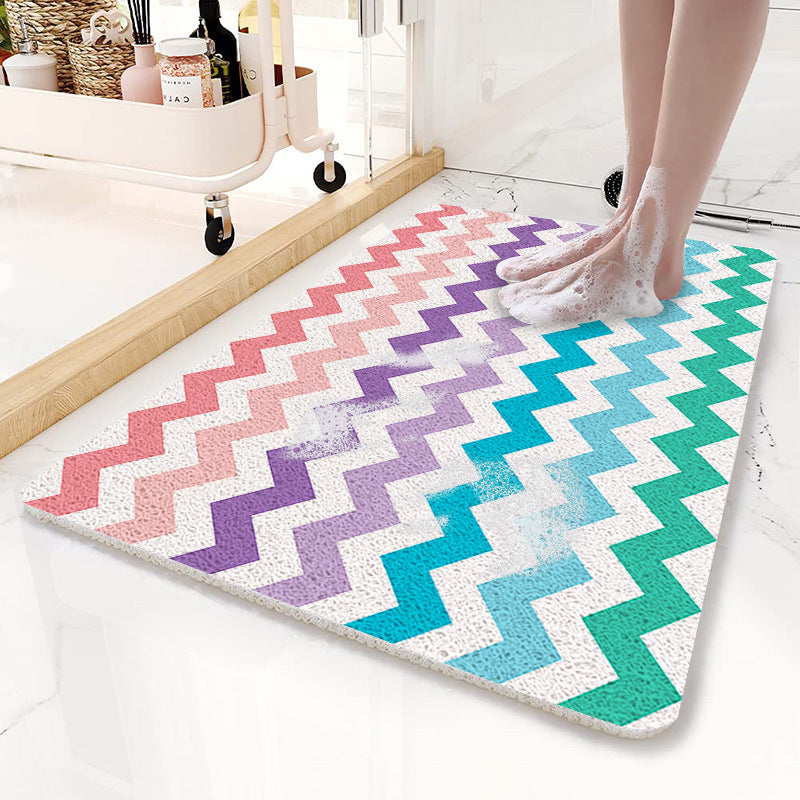 Colorful Wavy Lines Pattern PVC Non-Slip Bath Mat 45x75cm - Shower Drain Hole Design, Soft & Quick-Dry Bathroom Rug