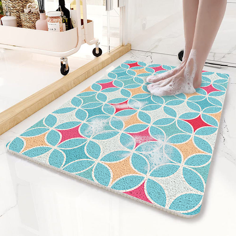 Blue Circular Pattern PVC Non-Slip Bath Mat 45x75cm - Shower Drain Hole Design, Soft & Quick-Dry Bathroom Rug