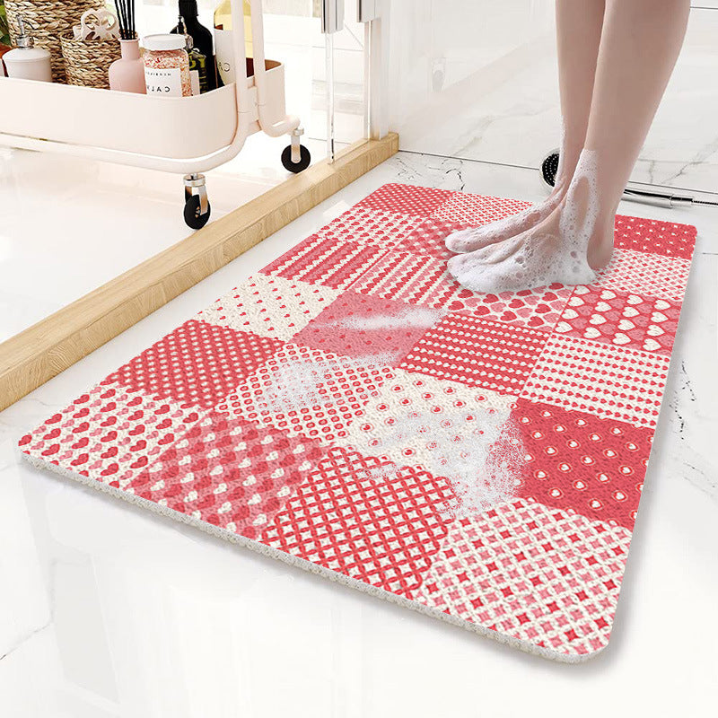 Pink Checkered Pattern PVC Non-Slip Bath Mat 50x80cm - Shower Drain Hole Design, Soft & Quick-Dry Bathroom Rug