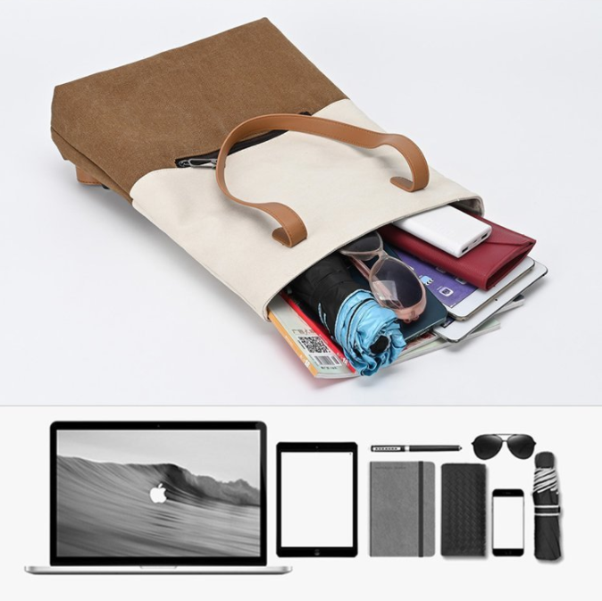 Dark Cyan And Brown Canvas Tote Bag for Women - Multi-Use Shoulder Handbag & Backpack, Large Capacity, 30x10x40cm