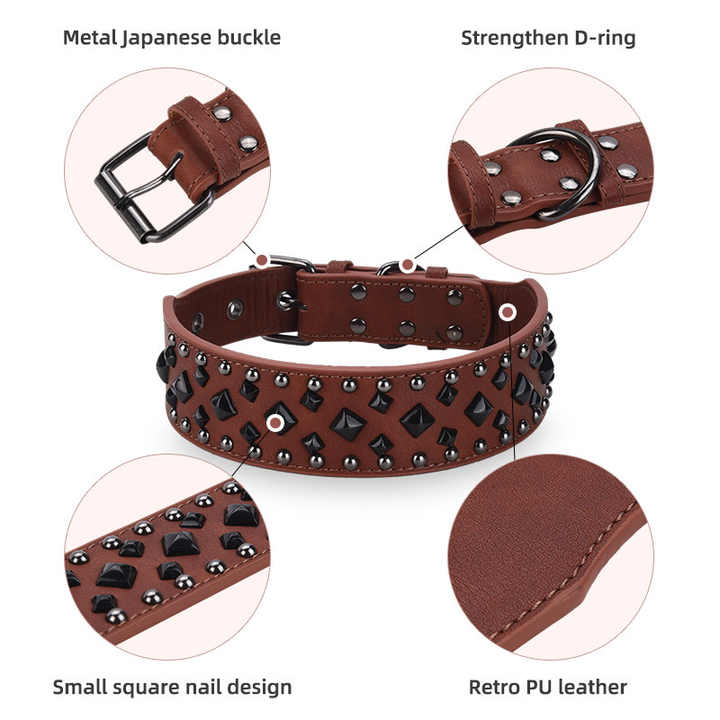 Size S Brown 1 pack Stylish PU Leather Dog Collar with Spikes - Adjustable, Durable & Comfortable for Medium to Large Breeds