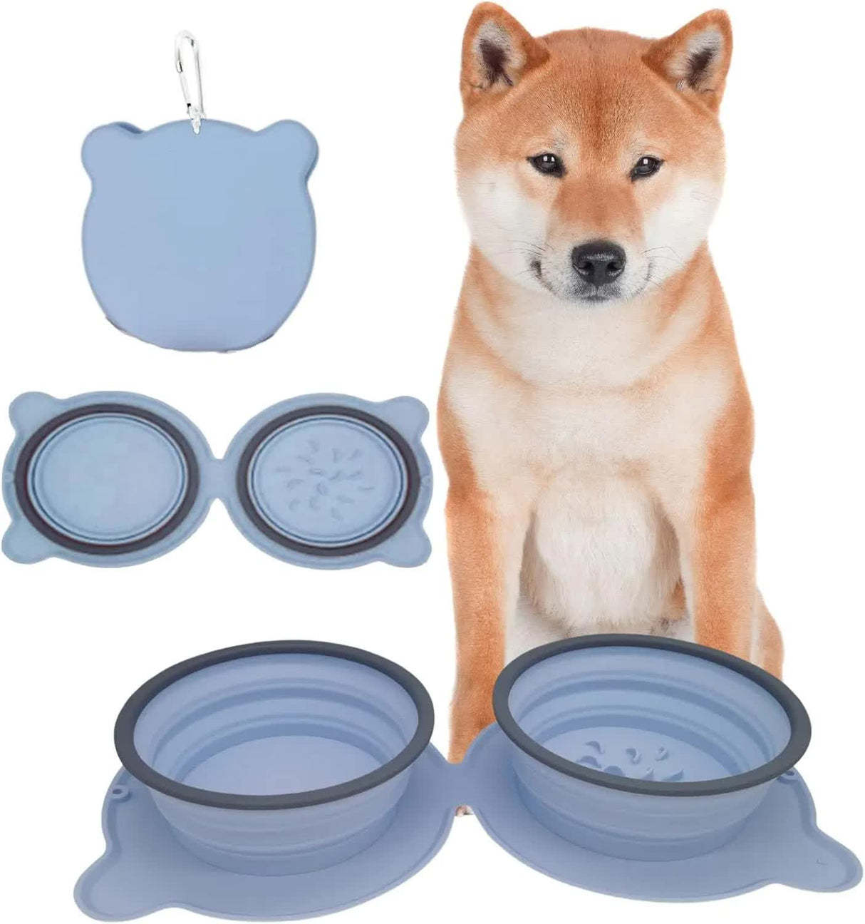 Dark Blue Portable Collapsible Pet Bowl Set - Food-Grade Silicone Double Bowl for Dogs & Cats, Anti-Slip & Easy to Clean