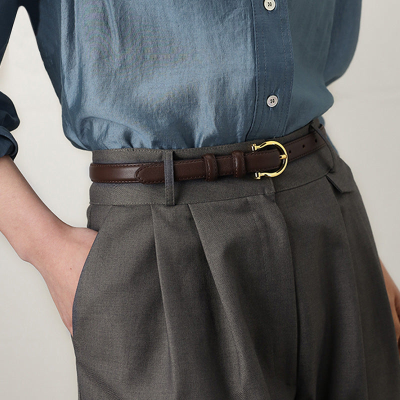 100CM Brown Elegant French Gold Buckle Genuine Leather Belt - Luxurious Lightweight Women's Waist Belt