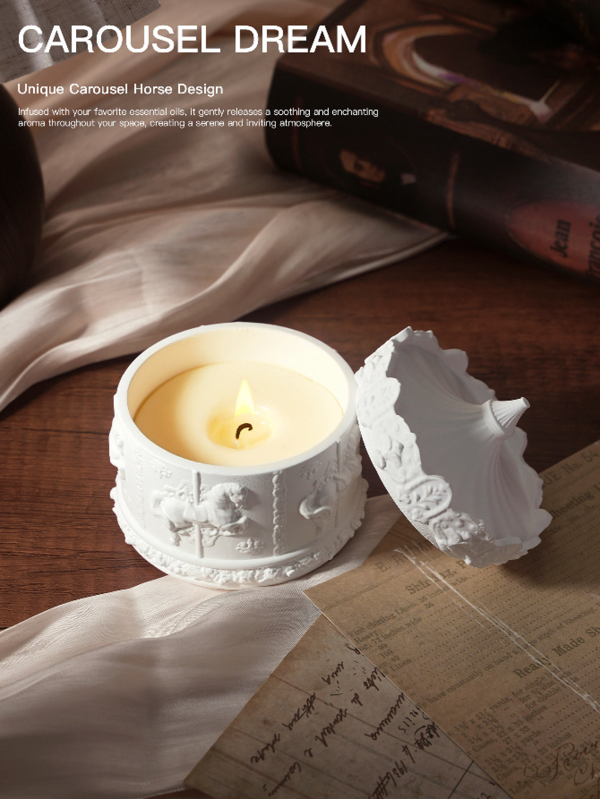 (White Peach Oolong)Rotating Carousel Soy Candle - Unique Home Decor & Gift