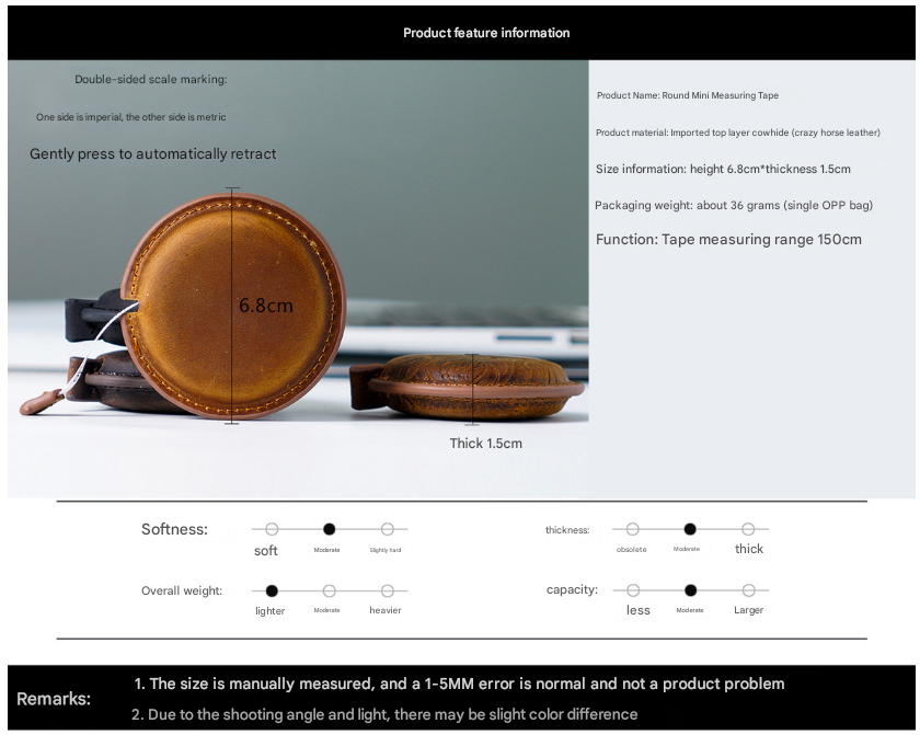 Yellow Brown Mini Leather Tape Measure - 1.5m/60in - Round With Pattern