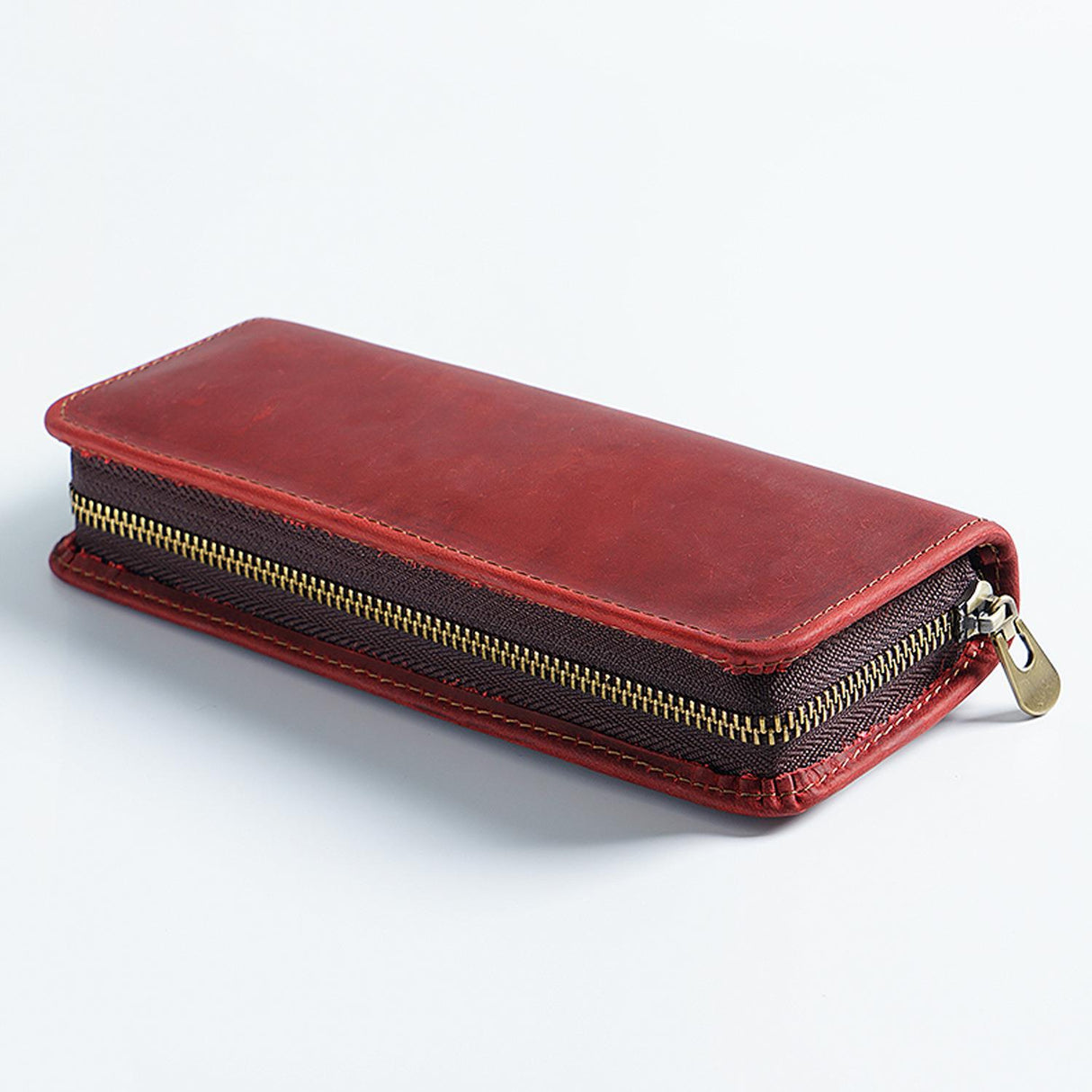 Wine Red Genuine Leather Pencil Case - Vintage Zip-Up Pen Holder with Elastic Loops