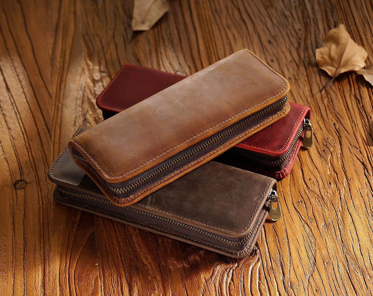 Wine Red Genuine Leather Pencil Case - Vintage Zip-Up Pen Holder with Elastic Loops