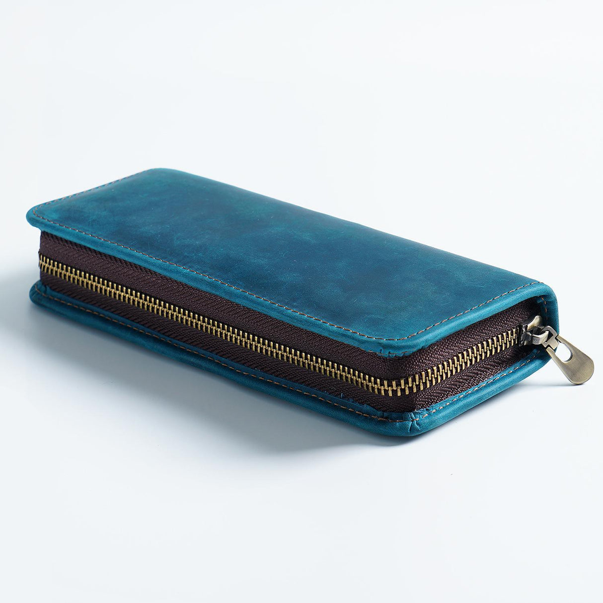 Blue Genuine Leather Pencil Case - Vintage Zip-Up Pen Holder with Elastic Loops