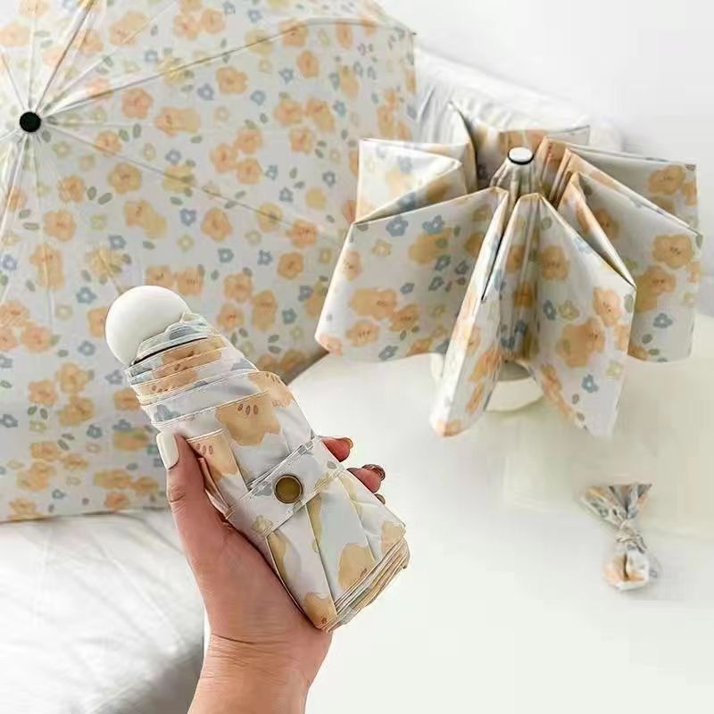 Small Yellow Flower Mini 5-Fold Umbrella - Portable, Anti-UV, Black Glue Coating