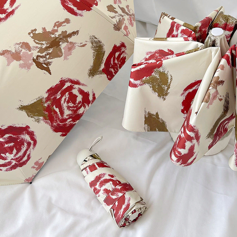 Red Rose Mini 5-Fold Umbrella - Portable, Anti-UV, Black Glue Coating