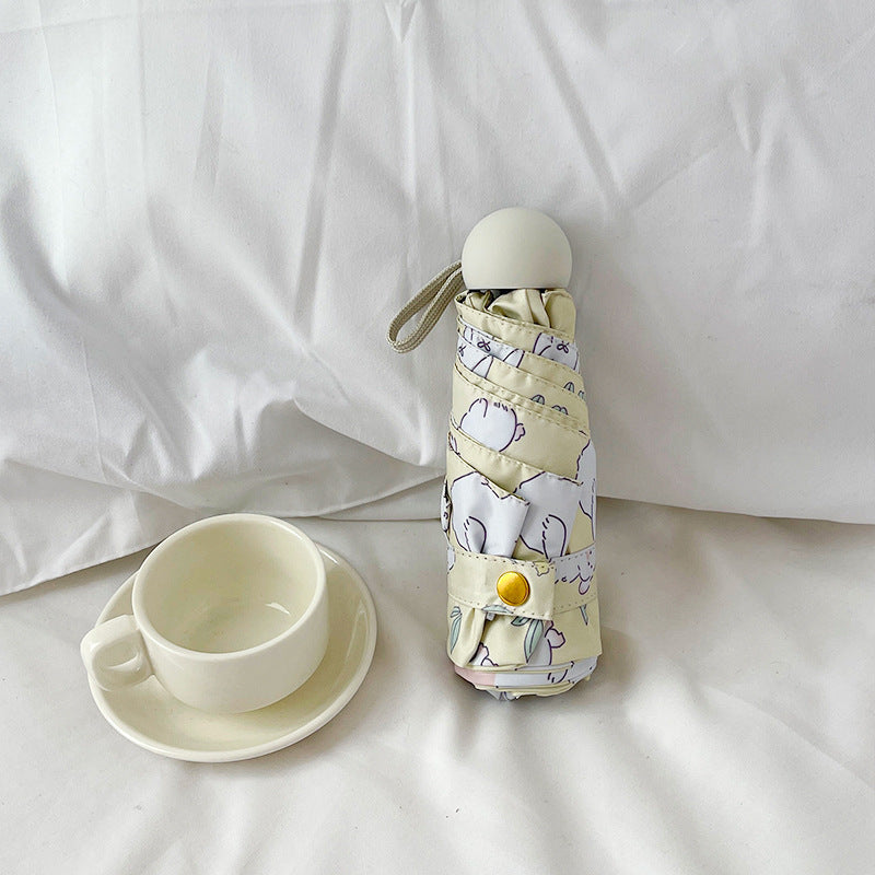 White Rabbit Mini 5-Fold Umbrella - Portable, Anti-UV, Black Glue Coating