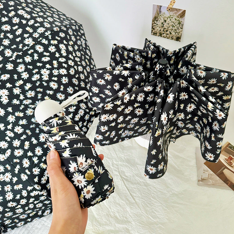 Black Daisy Mini 5-Fold Umbrella - Portable, Anti-UV, Black Glue Coating