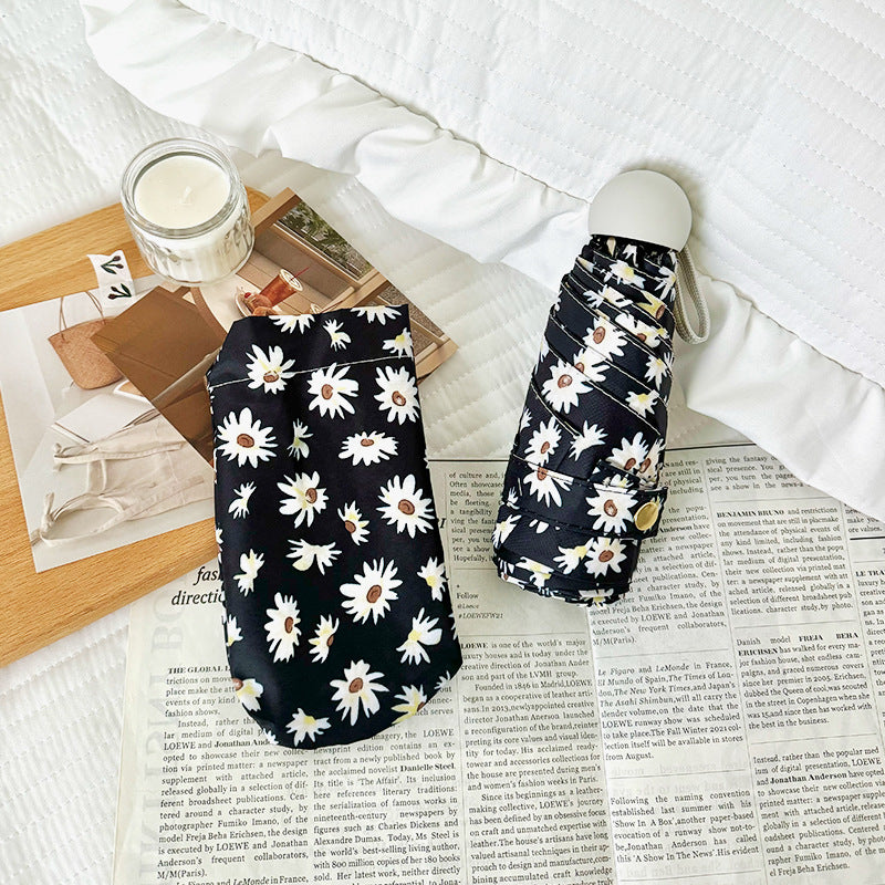 Black Daisy Mini 5-Fold Umbrella - Portable, Anti-UV, Black Glue Coating