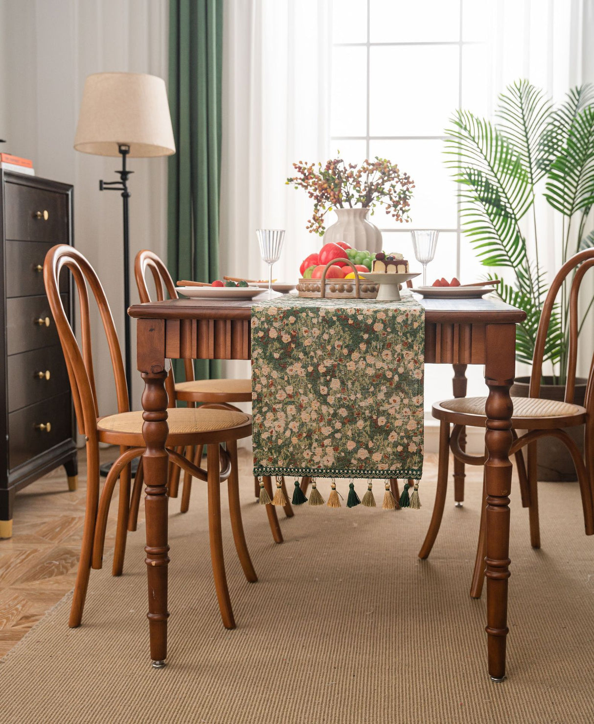 2 pcs Floral Table Runner with Tassels - Jacquard Green Farmhouse Style (33x120cm)