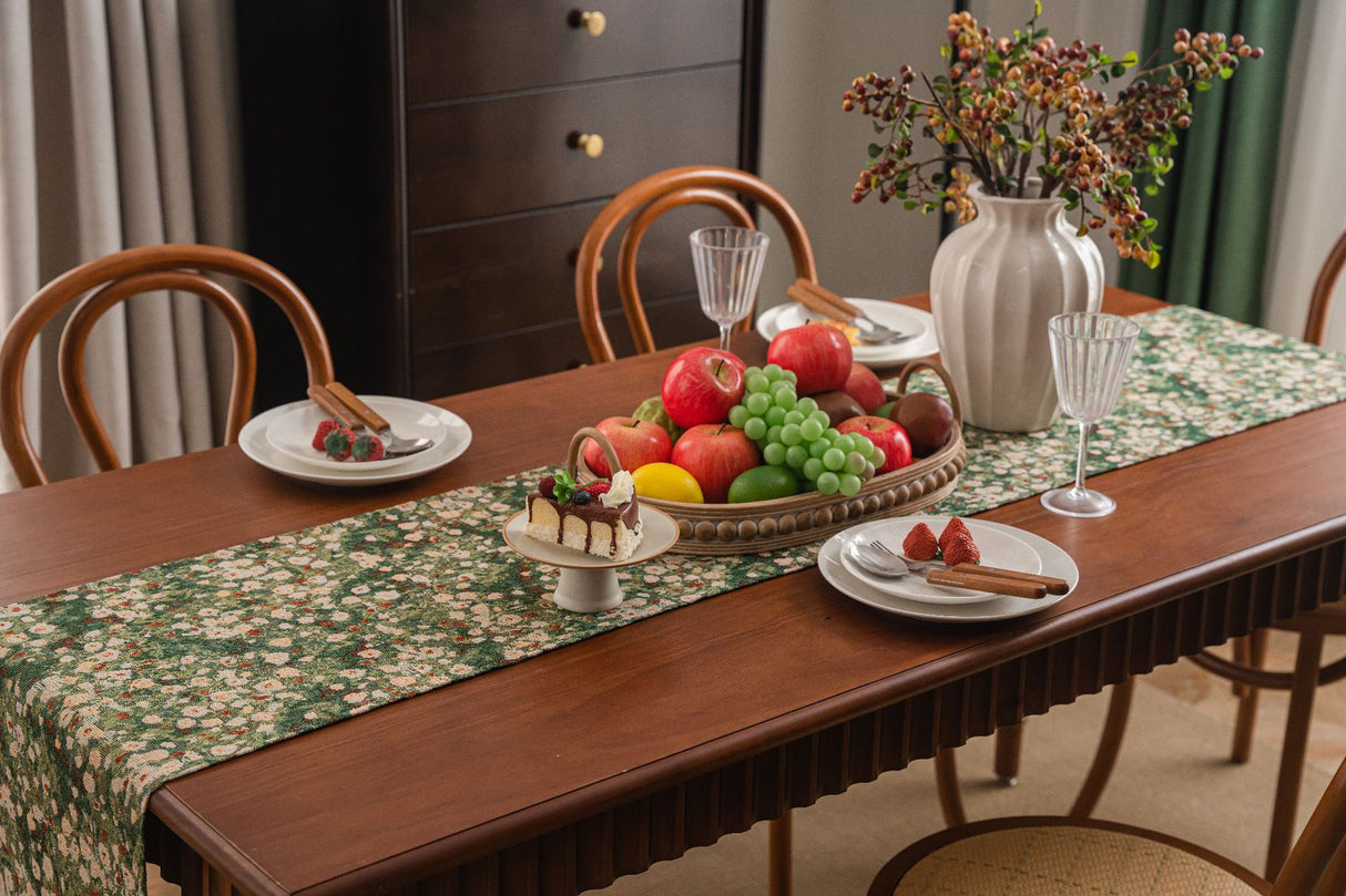 2 pcs Floral Table Runner with Tassels - Jacquard Green Farmhouse Style (33x140cm)