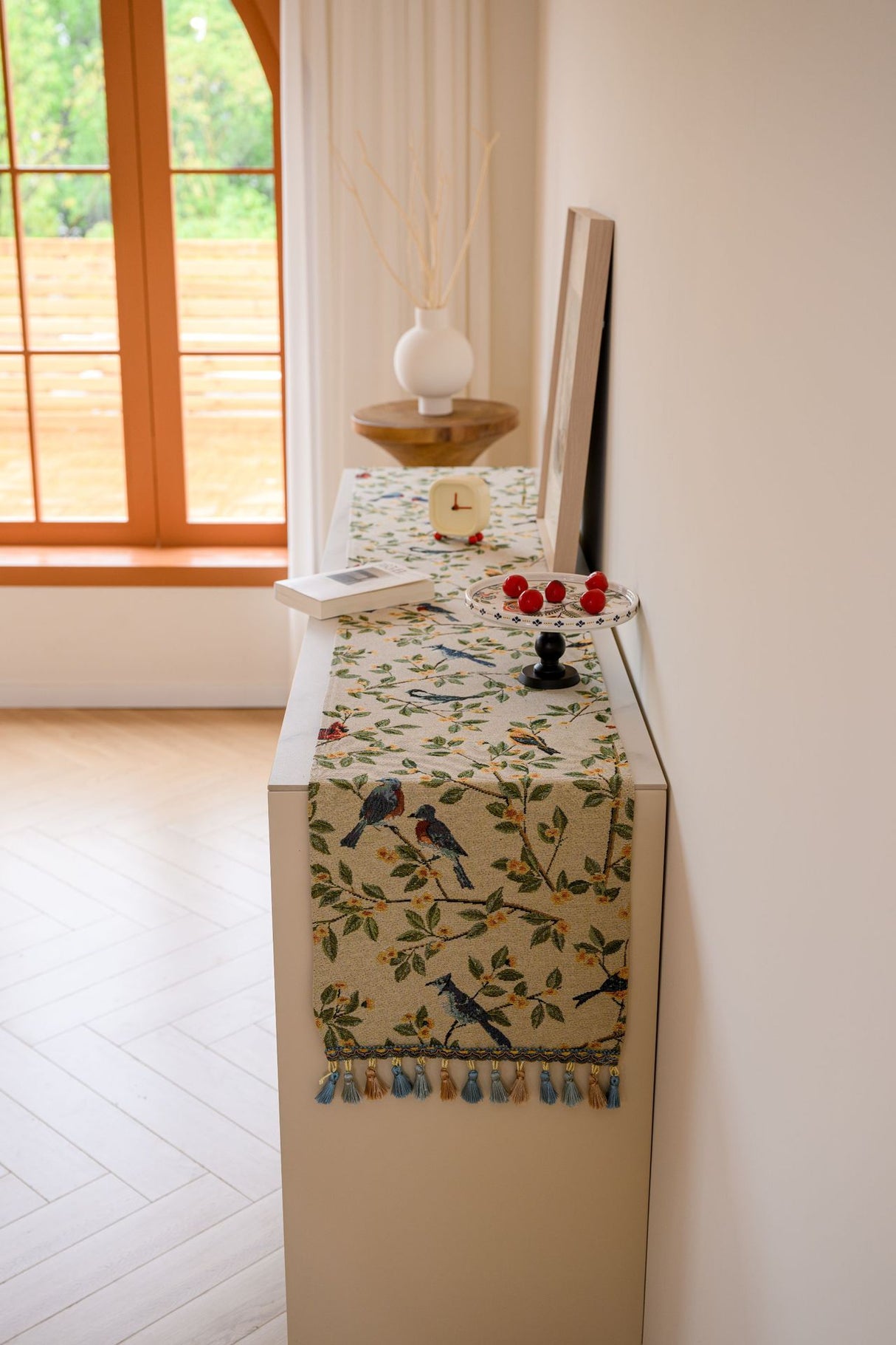 2 PCS Birds & Branch Table Runner - Jacquard Woven Beige with Tassels(33X140CM)