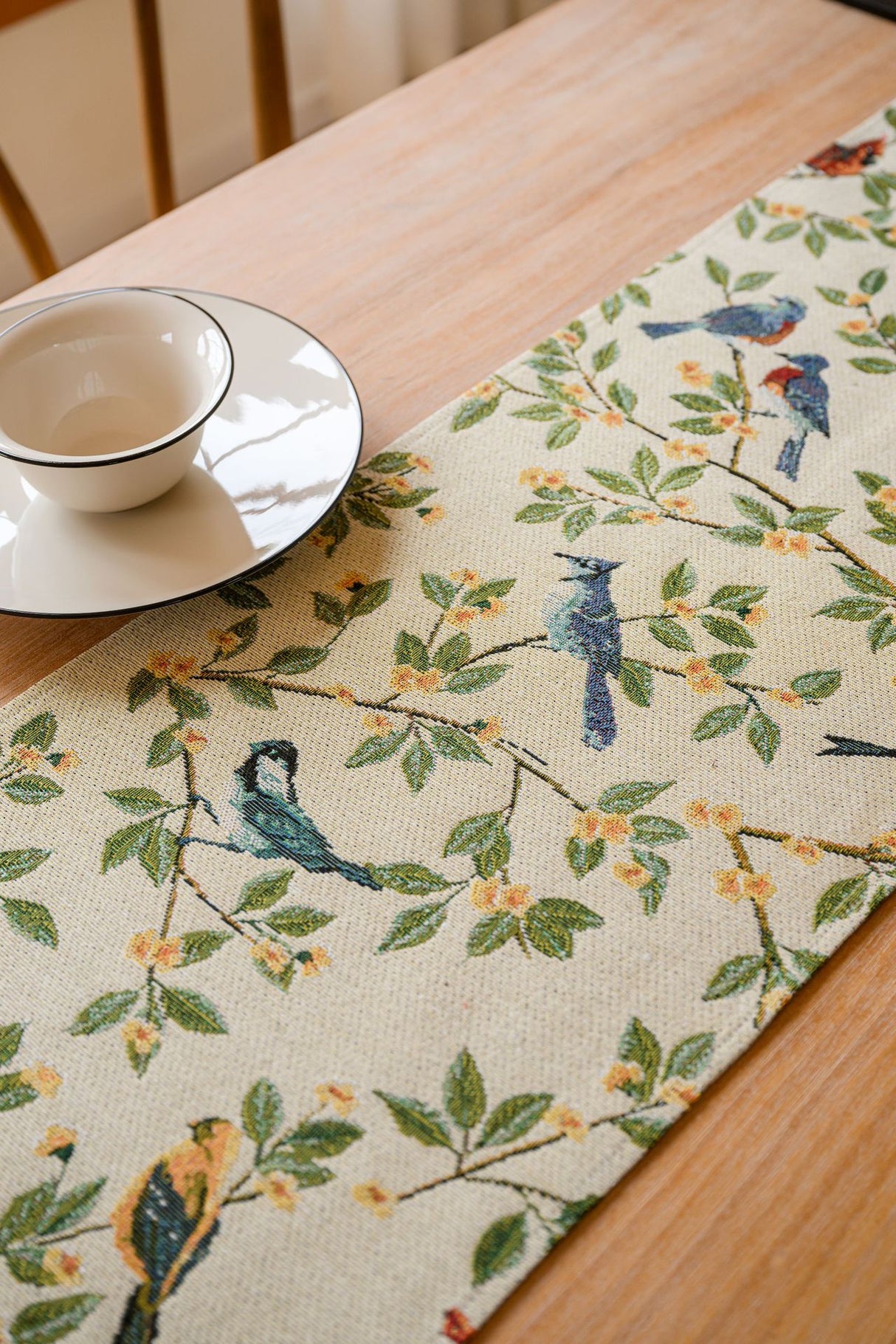 2 PCS Birds & Branch Table Runner - Jacquard Woven Beige with Tassels(33X140CM)