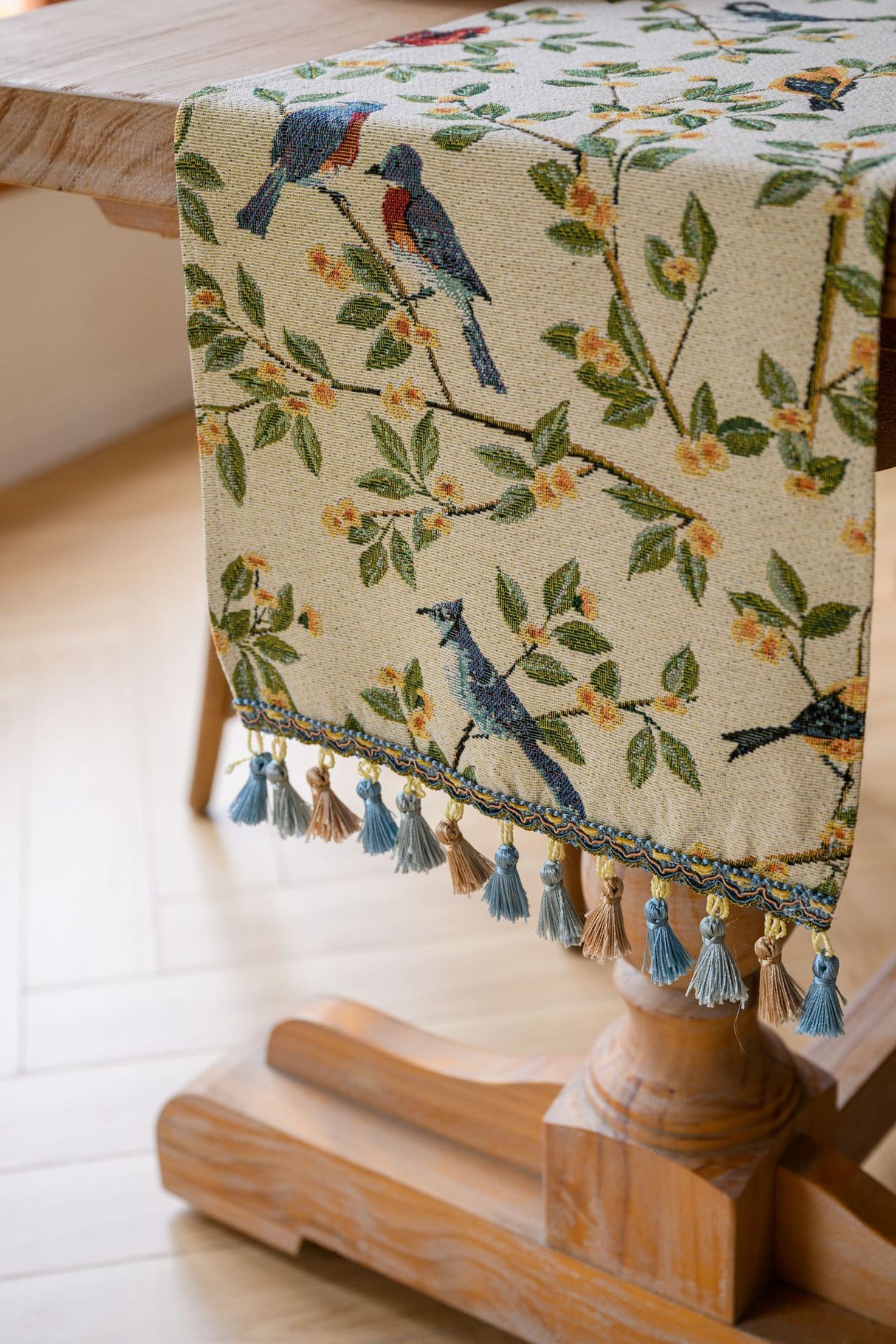 Birds & Branch Table Runner - Jacquard Woven Beige with Tassels(33X350CM)