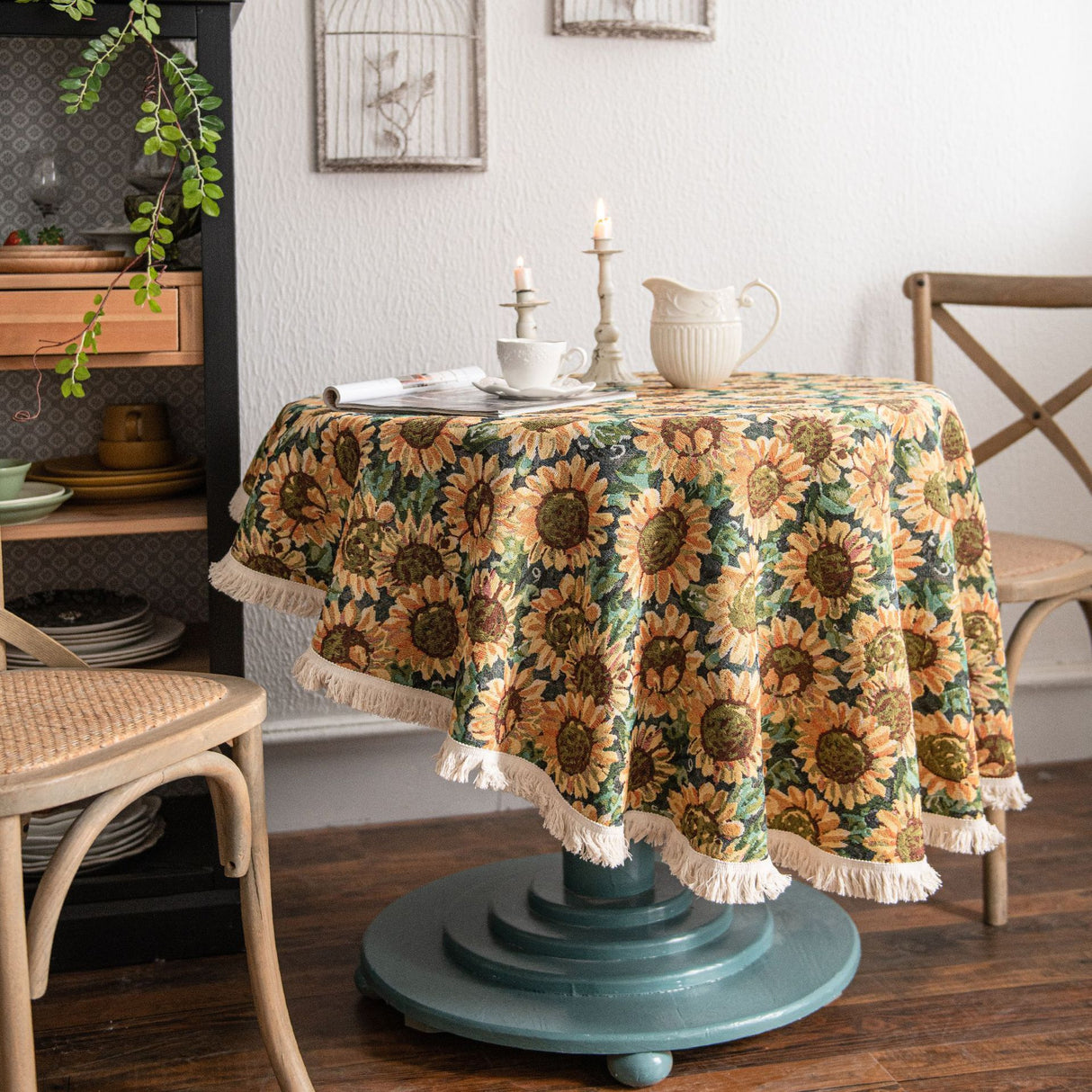 Round Sunflower Tablecloth - Jacquard Woven Cotton with Fringe Trim (120cm)