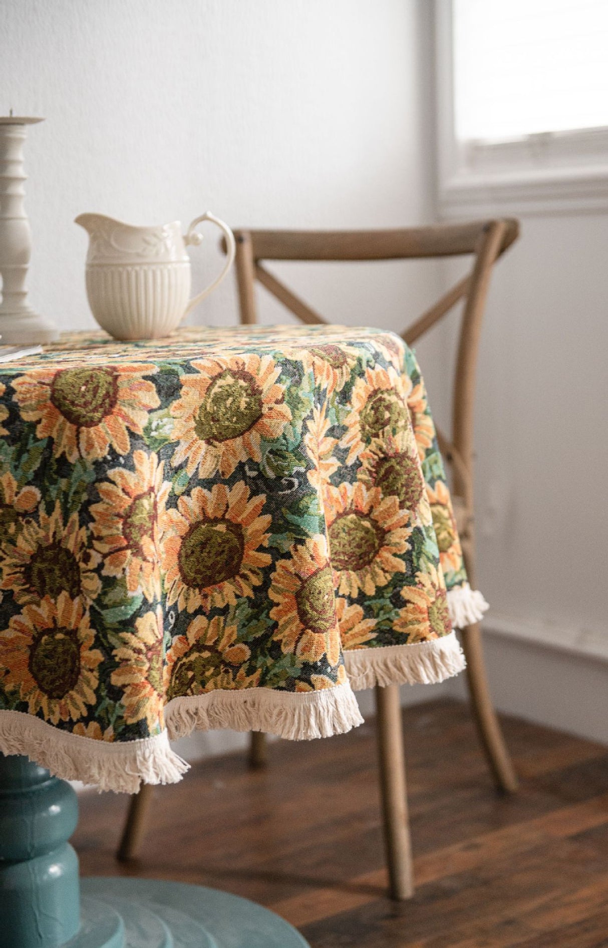 Round Sunflower Tablecloth - Jacquard Woven Cotton with Fringe Trim (120cm)