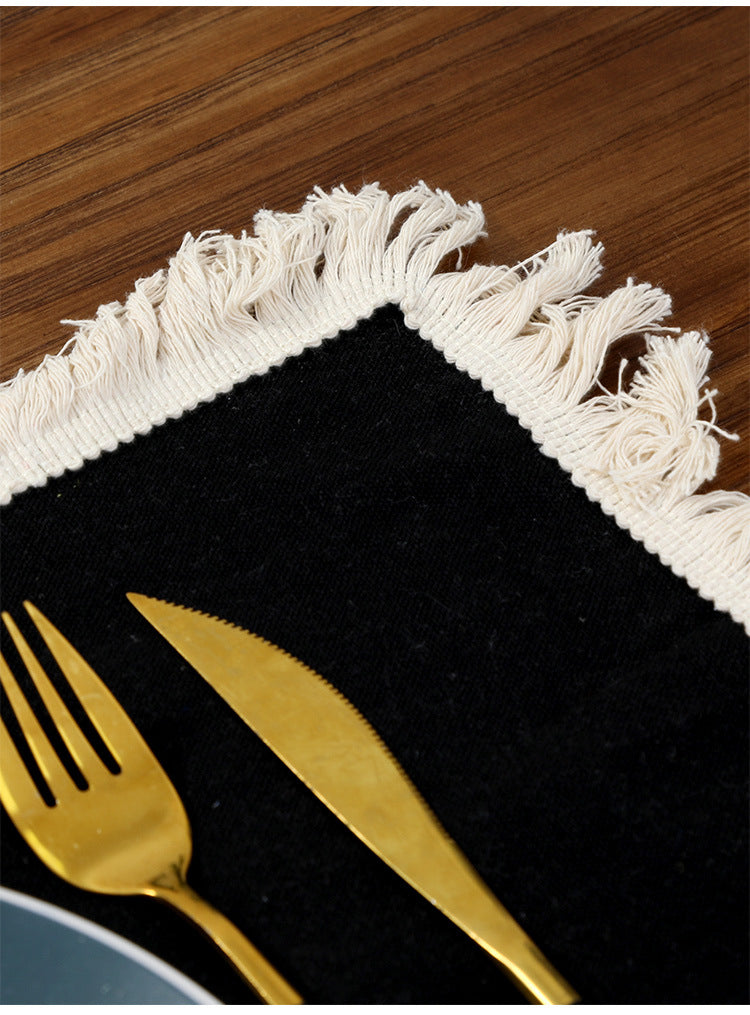 4 PCS Black Cotton Linen Placemat with Fringe - Solid Color Table Mat for Dining (30X30CM)