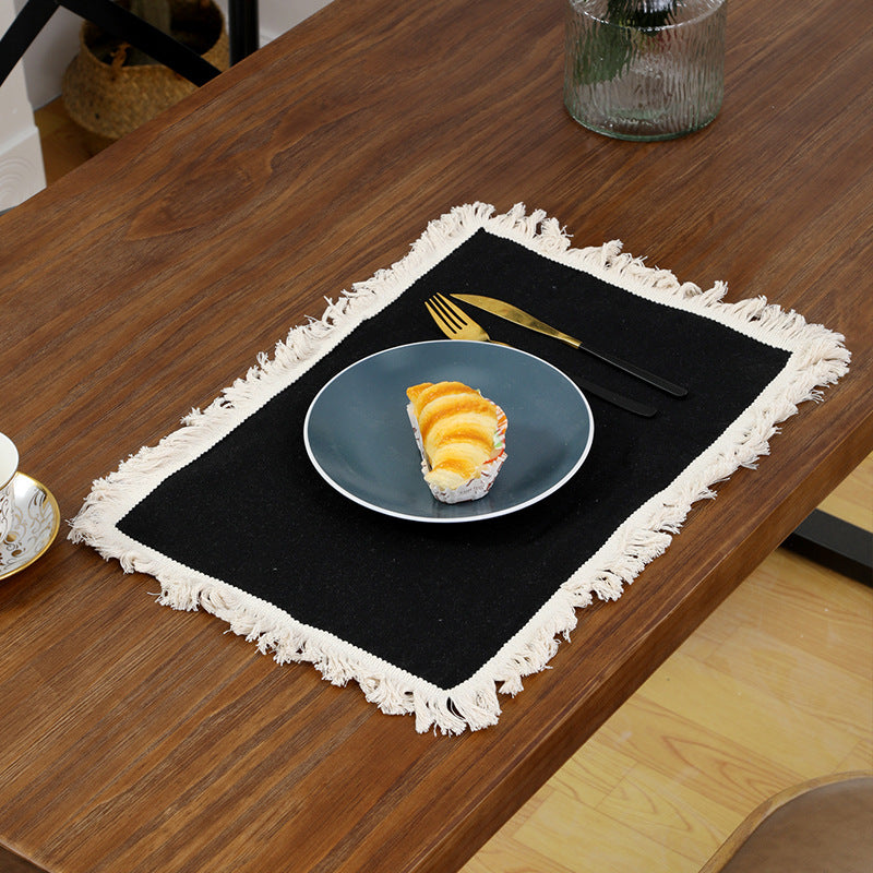 4 PCS Black Cotton Linen Placemat with Fringe - Solid Color Table Mat for Dining (45X30CM)