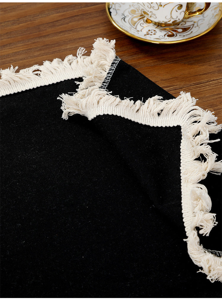 4 PCS Black Cotton Linen Placemat with Fringe - Solid Color Table Mat for Dining (45X30CM)