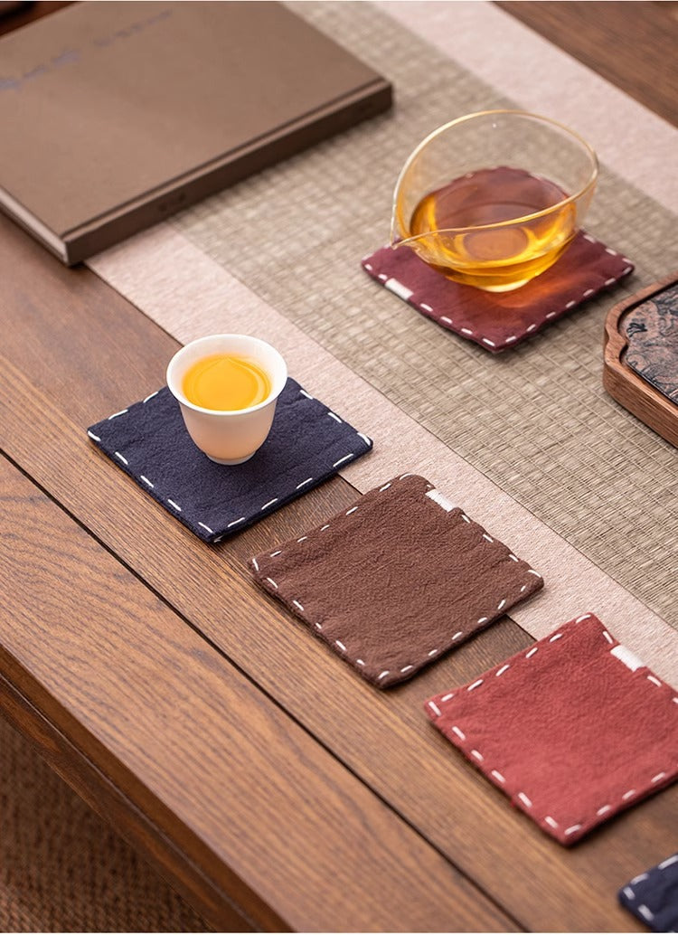 Yellow Chinese Style Linen Coasters - Set of 4, Hand-Embroidered Tea Mats (9x9cm)