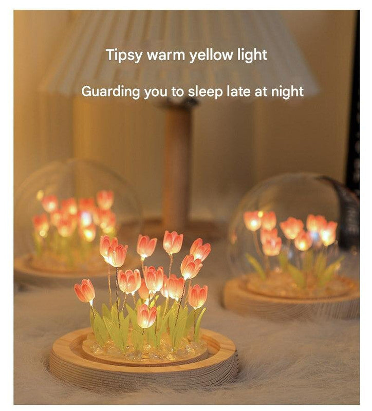 (Ten Pink Tulips) Glowing Tulip Dome Lamp - Wooden Base, Bedside Table Decoration