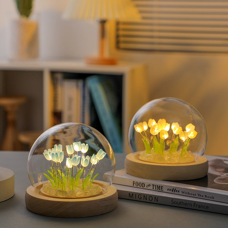 (Ten Blue Tulips) Glowing Tulip Dome Lamp - Wooden Base, Bedside Table Decoration