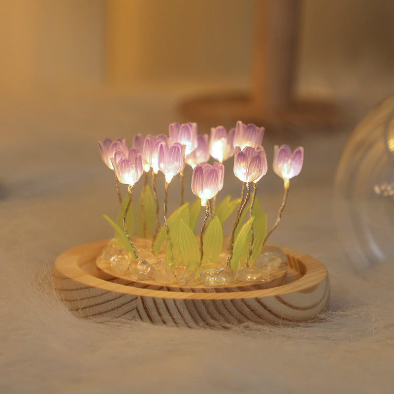 (Ten Purple Tulips) Glowing Tulip Dome Lamp - Wooden Base, Bedside Table Decoration