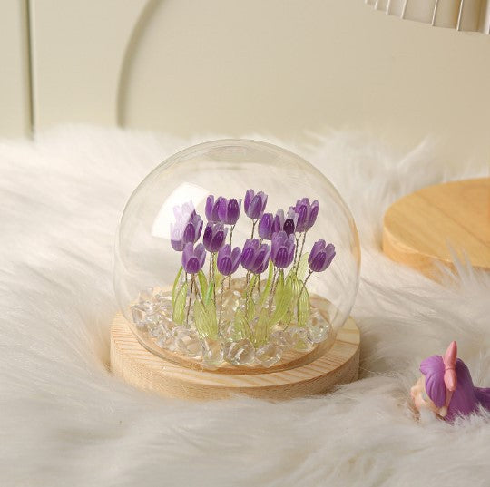 (Ten Purple Tulips) Glowing Tulip Dome Lamp - Wooden Base, Bedside Table Decoration