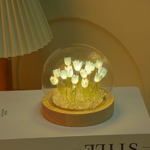 (Thirteen Blue Tulips) Glowing Tulip Dome Lamp - Wooden Base, Bedside Table Decoration