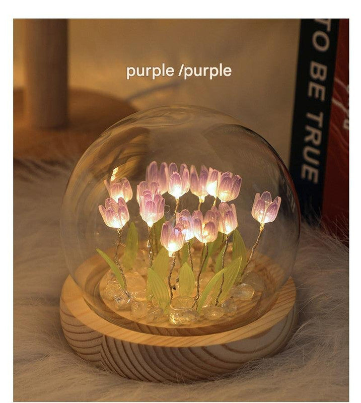 (Thirteen Purple Tulips) Glowing Tulip Dome Lamp - Wooden Base, Bedside Table Decoration