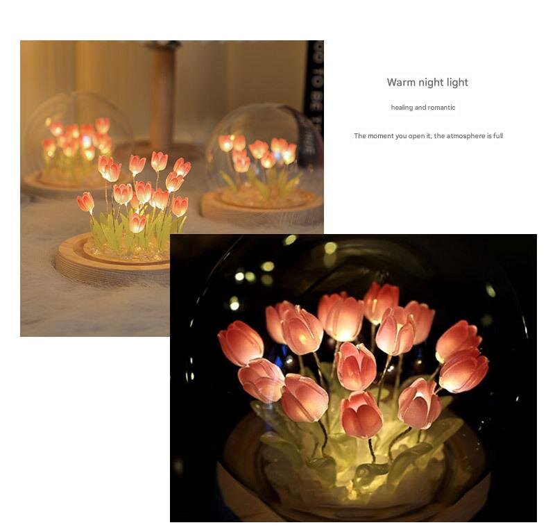 (Thirteen Pink Tulips) Glowing Tulip Dome Lamp - Wooden Base, Bedside Table Decoration