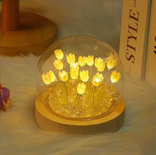 (Sixteen Yellow Tulips) Glowing Tulip Dome Lamp - Wooden Base, Bedside Table Decoration