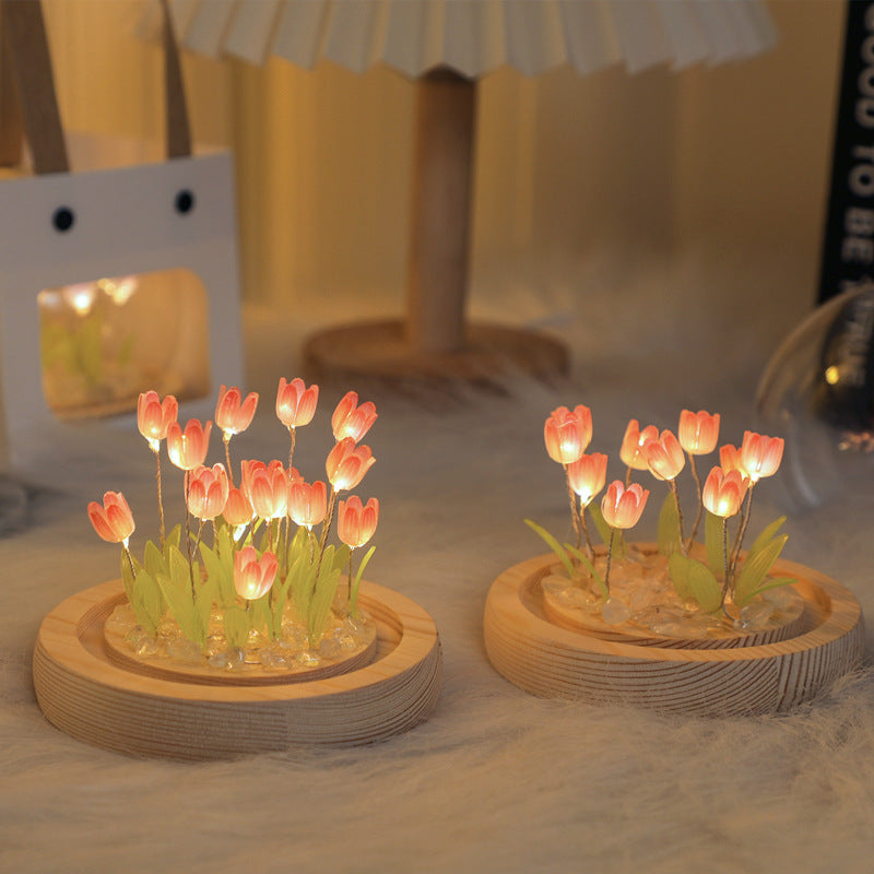 (Sixteen Pink Tulips) Glowing Tulip Dome Lamp - Wooden Base, Bedside Table Decoration