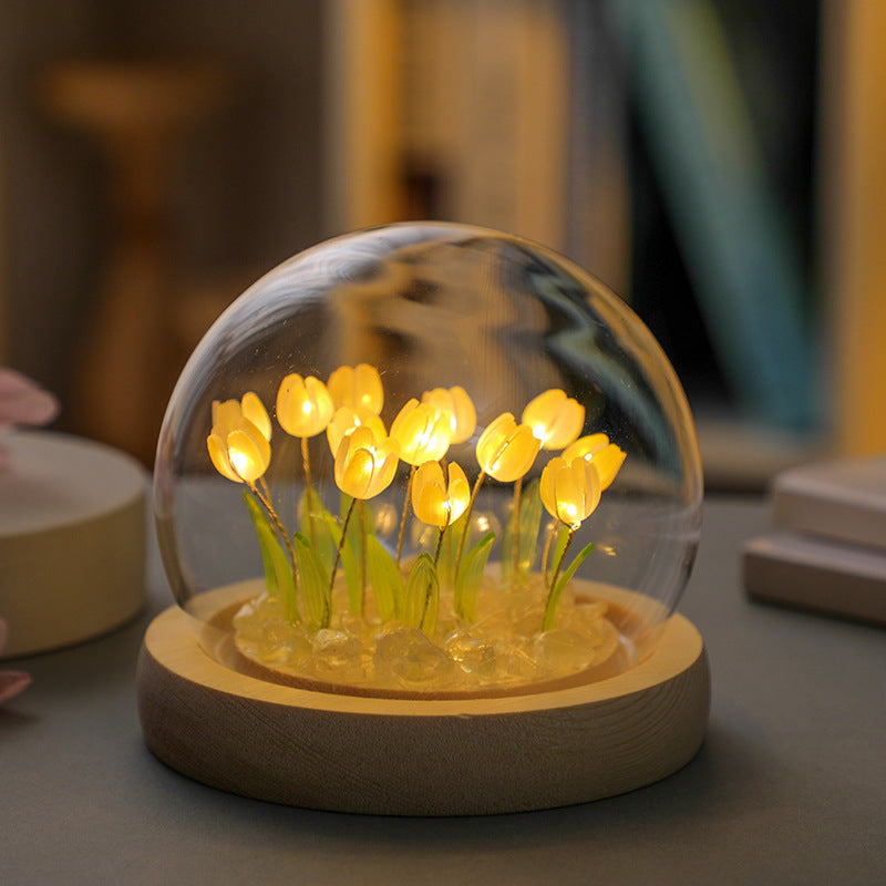 (Twenty Yellow Tulips) Glowing Tulip Dome Lamp - Wooden Base, Bedside Table Decoration