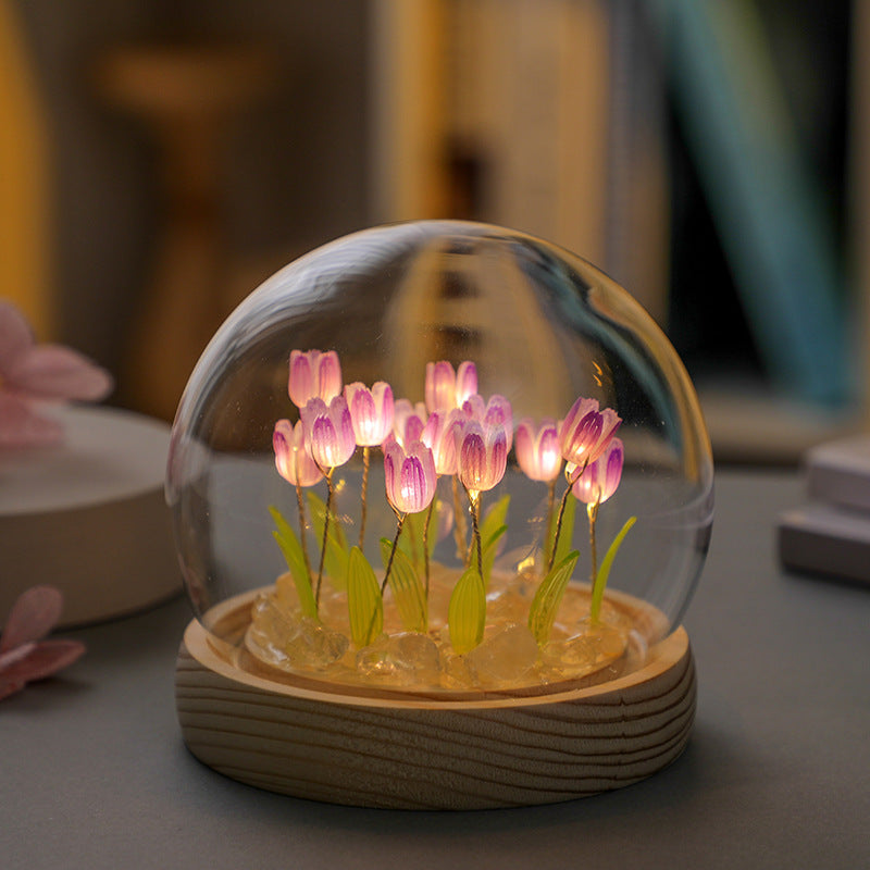 (Twenty Purple Tulips) Glowing Tulip Dome Lamp - Wooden Base, Bedside Table Decoration