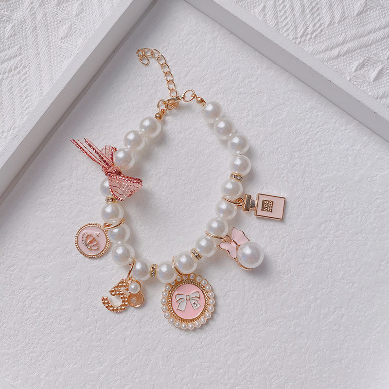 Pink 4-PCS Pearl Charm Pet Necklace - Adjustable Bowknot Collar for Small Dogs & Cats (L: 30+5CM)