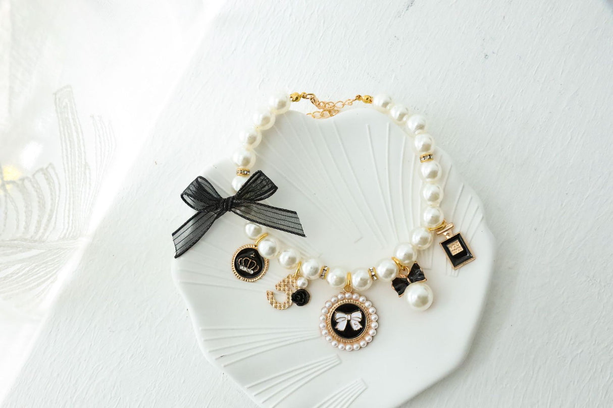 Black 4-PCS Pearl Charm Pet Necklace - Adjustable Bowknot Collar for Small Dogs & Cats (S: 20+5CM)