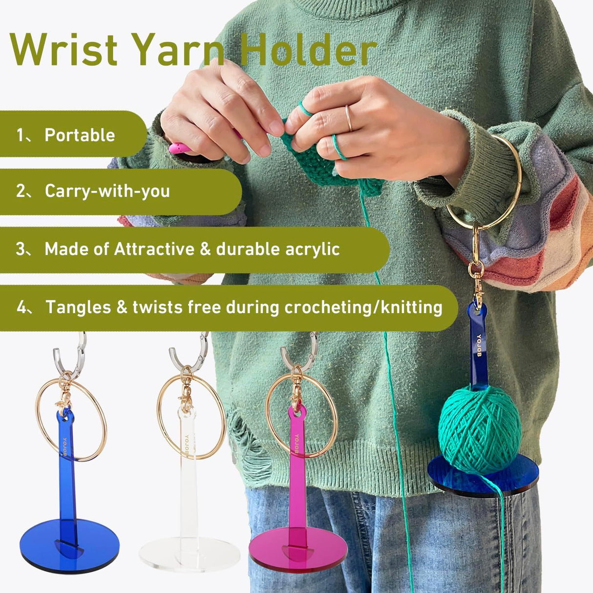 Blue 2-Piece Acrylic Portable Wrist Yarn Holder - Knitting & Crochet Stand