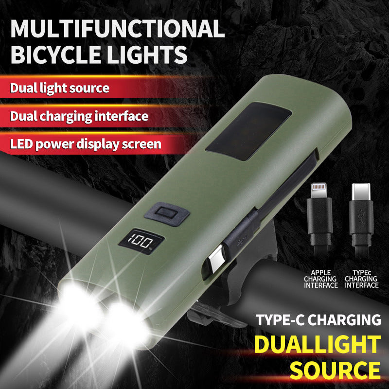 Green Multifunctional LED Bike Light Power Bank - Rechargeable Cycling Flashlight