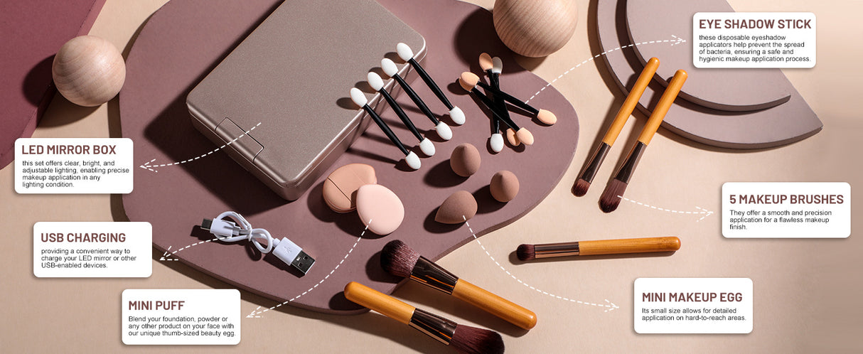 Portable Travel Makeup Brush Set with LED Mirror - Your Beauty Essentials On-The-Go