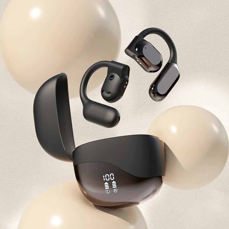 Black Open Ear Bluetooth 5.3 Headphones - Non-In-Ear, Ear Hook, Wireless Sports