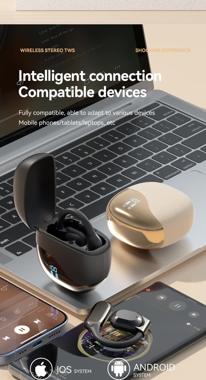 Black Open Ear Bluetooth 5.3 Headphones - Non-In-Ear, Ear Hook, Wireless Sports