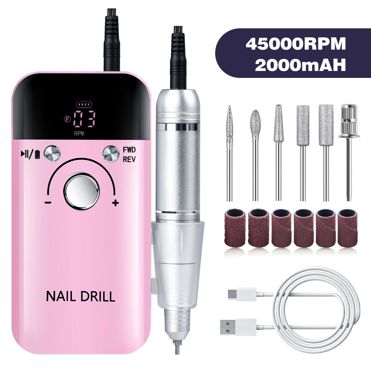 Pink High Speed Portable Nail Drill Set - Electric Nail File Set with 6 Nail Drill Bits